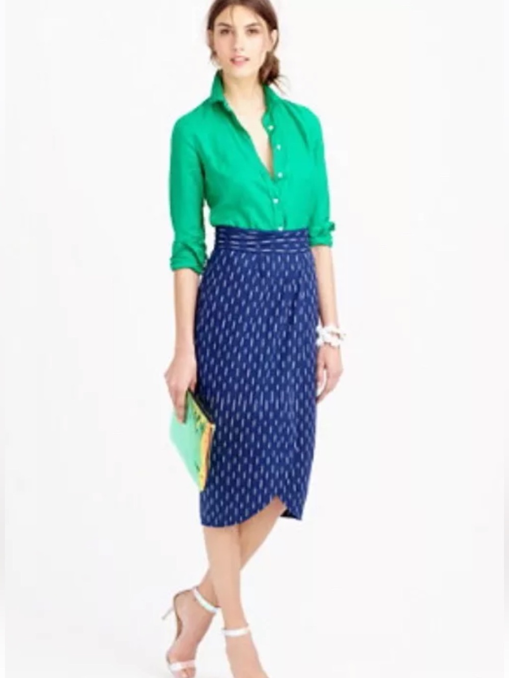 J crew indigo Navy blue ikat faux wrap tulip skirt 10P 100% cotton